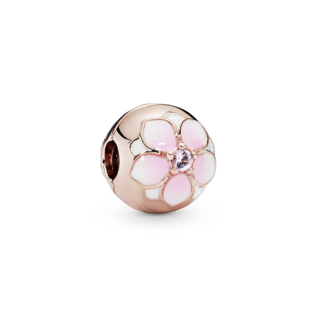 PANDORA Round Pink Magnolia Flower Charm 14K Rose Gold Plated Unique Metal Blend Floral Charms Bracelet Charm Jewelry Gift