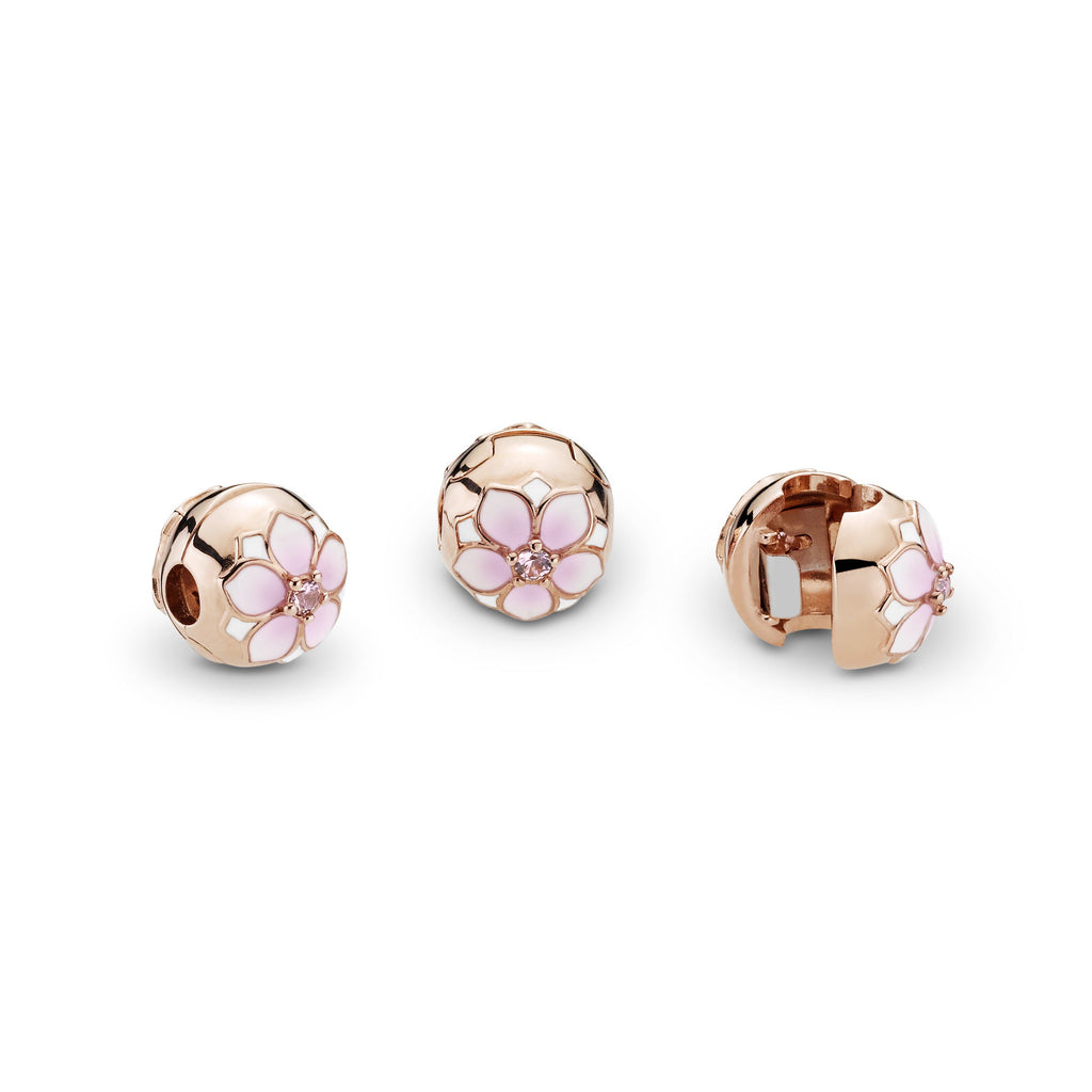 PANDORA Round Pink Magnolia Flower Charm 14K Rose Gold Plated Unique Metal Blend Floral Charms Bracelet Charm Jewelry Gift