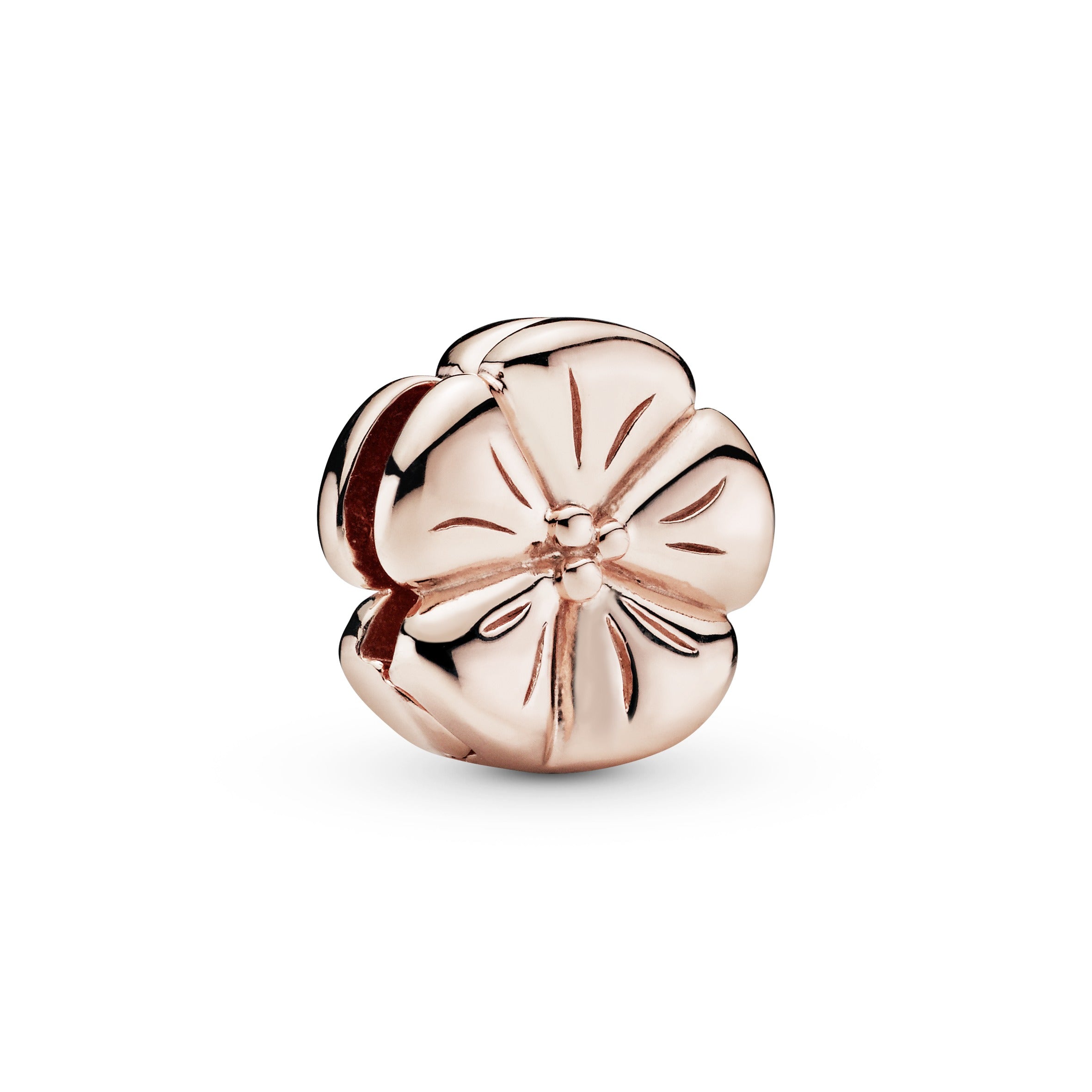 PANDORA Polished Flower Clip Charm 14K Rose Gold Plated Unique Metal Blend Floral Charms Bracelet Charm Jewelry Gift