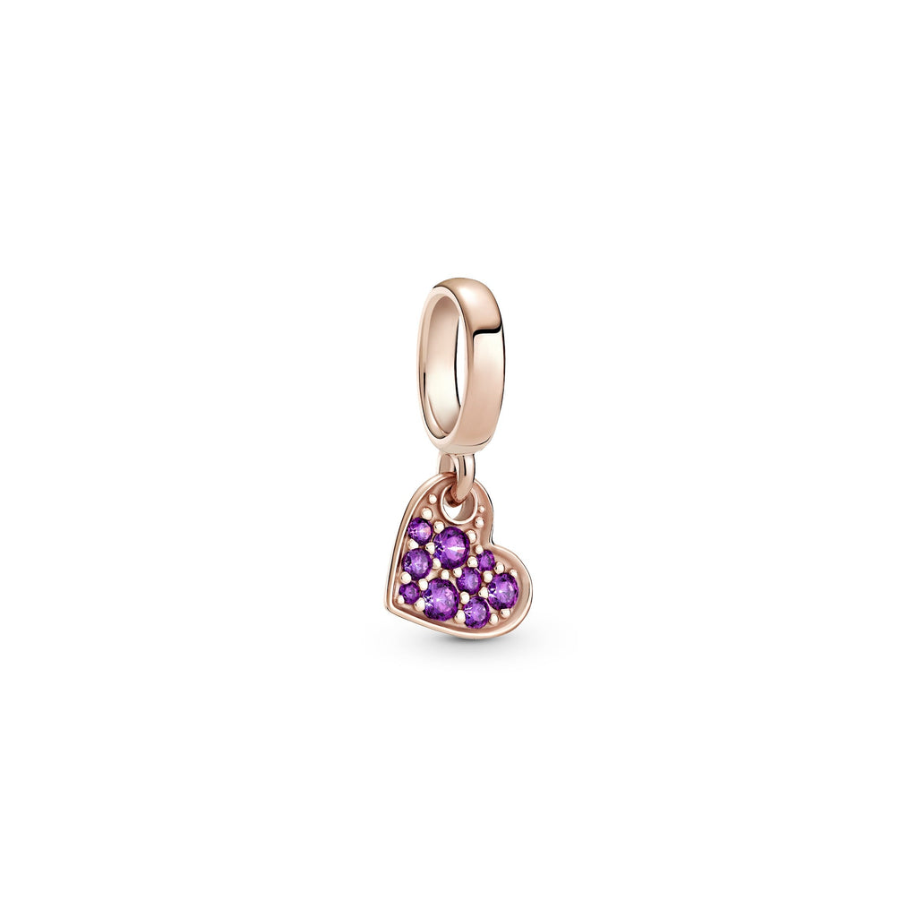 PANDORA Royal Purple Pavé Tilted Heart Dangle Charm 14K Rose Gold Plated Unique Metal Blend Charms Bracelet Charm Jewelry Gift