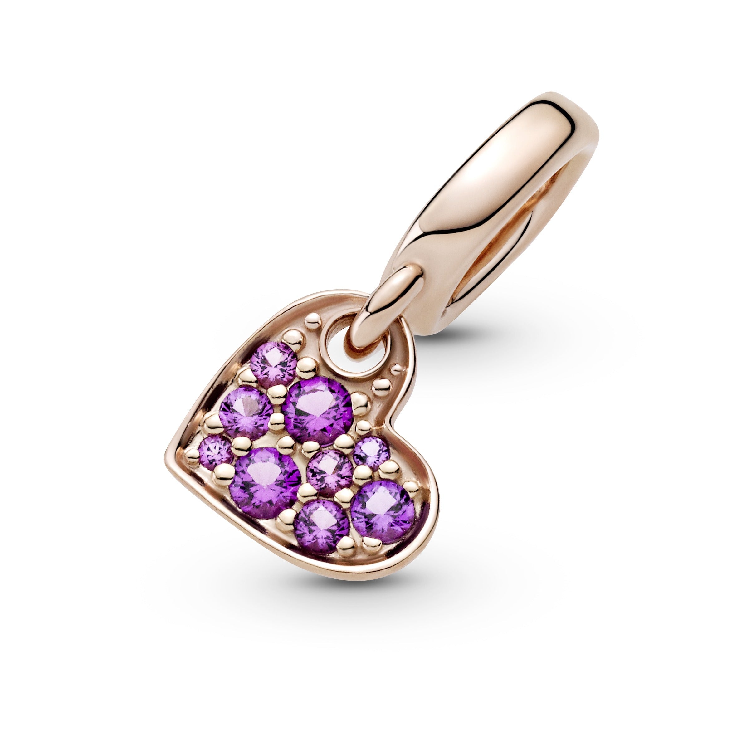 PANDORA Royal Purple Pavé Tilted Heart Dangle Charm 14K Rose Gold Plated Unique Metal Blend Charms Bracelet Charm Jewelry Gift