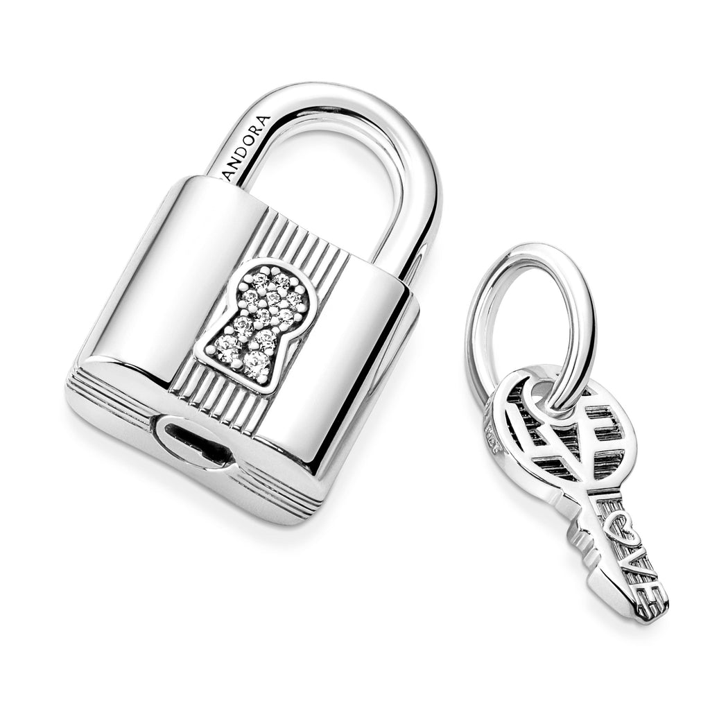 PANDORA Padlock And Key Dangle Charm Cubic Zirconia Silver Love Charms Bracelet Charm Jewelry Gift