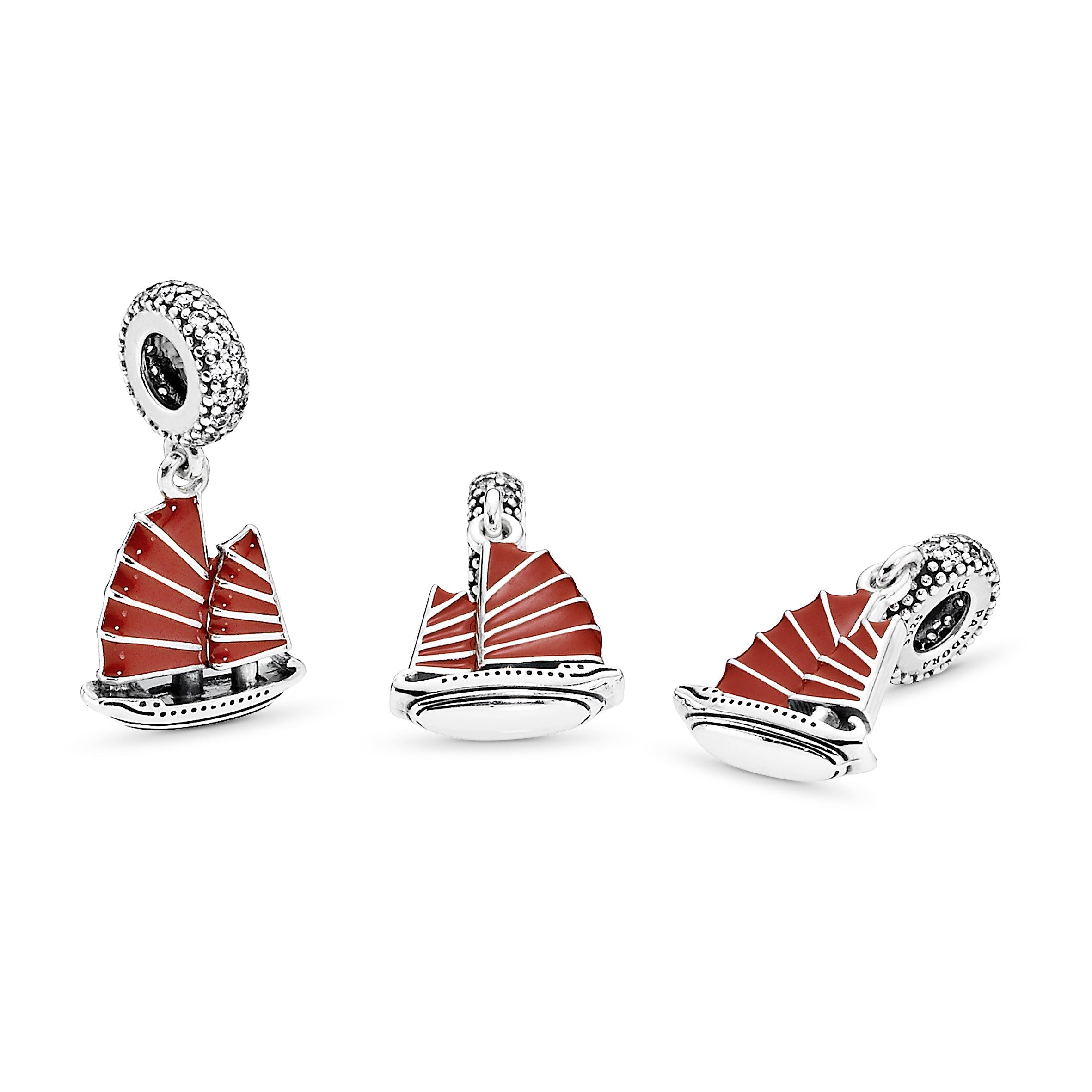 PANDORA Chinese Junk Ship Dangle Charm Cubic Zirconia Red Travel Charms Bracelet Charm Jewelry Gift