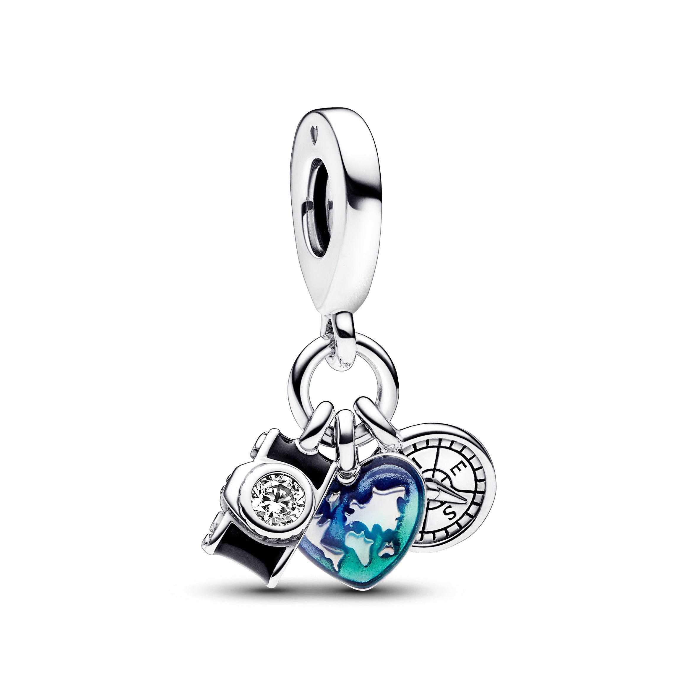 PANDORA Camera Heart And Compass Triple Dangle Charm Sterling Silver Charms Bracelet Charm Jewelry Gift
