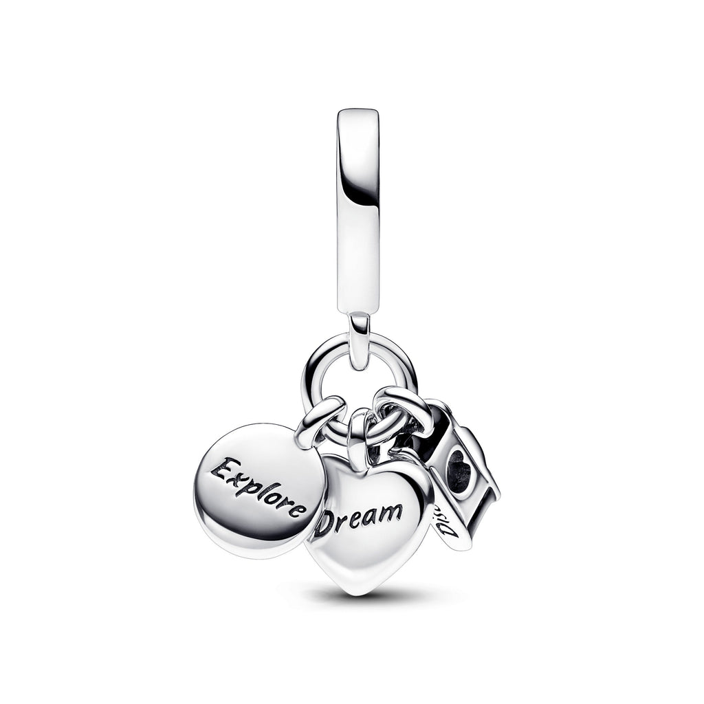 PANDORA Camera Heart And Compass Triple Dangle Charm Sterling Silver Charms Bracelet Charm Jewelry Gift