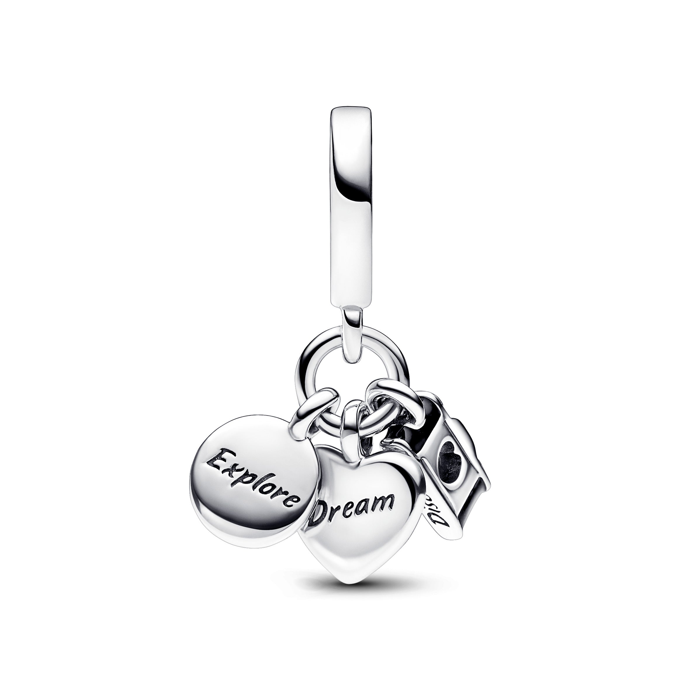 PANDORA Camera Heart And Compass Triple Dangle Charm Sterling Silver Charms Bracelet Charm Jewelry Gift