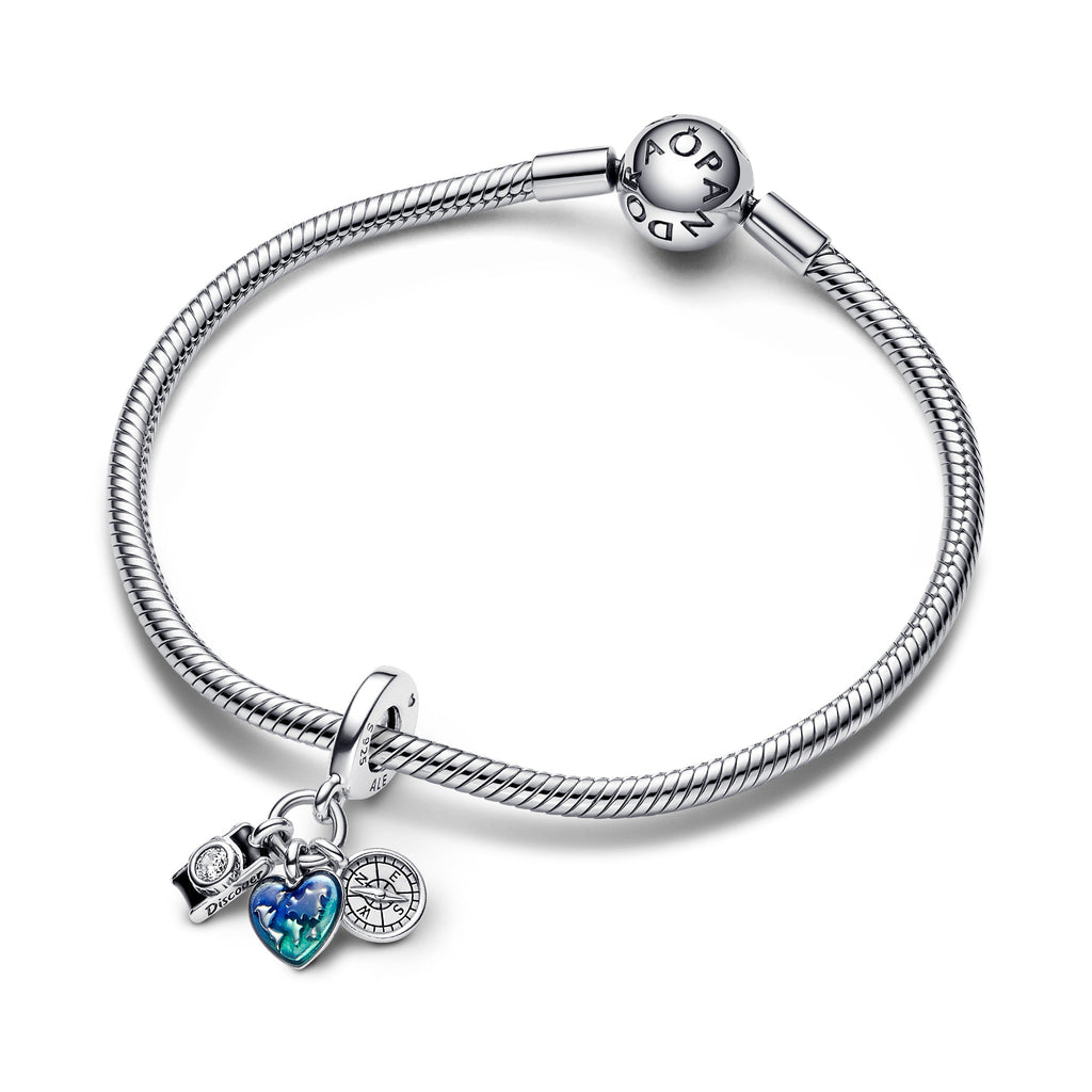 PANDORA Camera Heart And Compass Triple Dangle Charm Sterling Silver Charms Bracelet Charm Jewelry Gift
