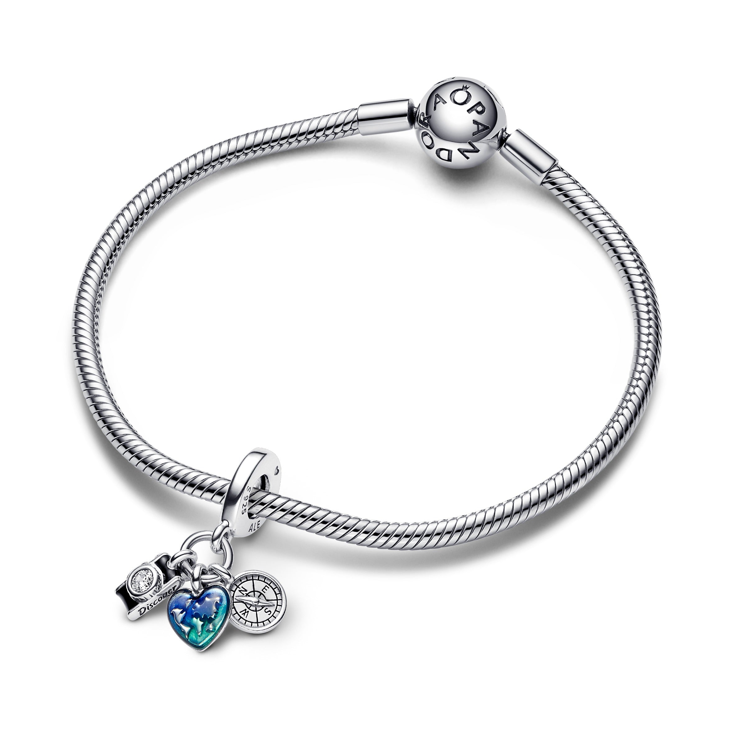 PANDORA Camera Heart And Compass Triple Dangle Charm Sterling Silver Charms Bracelet Charm Jewelry Gift