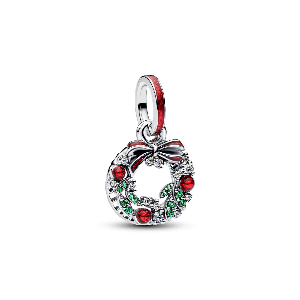 PANDORA Holiday Wreath Double Dangle Charm Cubic Zirconia Green Christmas Charms Bracelet Charm Jewelry Gift