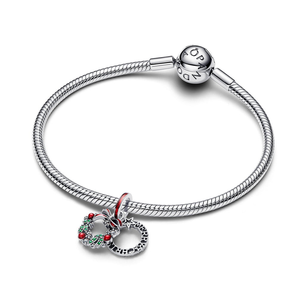 PANDORA Holiday Wreath Double Dangle Charm Cubic Zirconia Green Christmas Charms Bracelet Charm Jewelry Gift