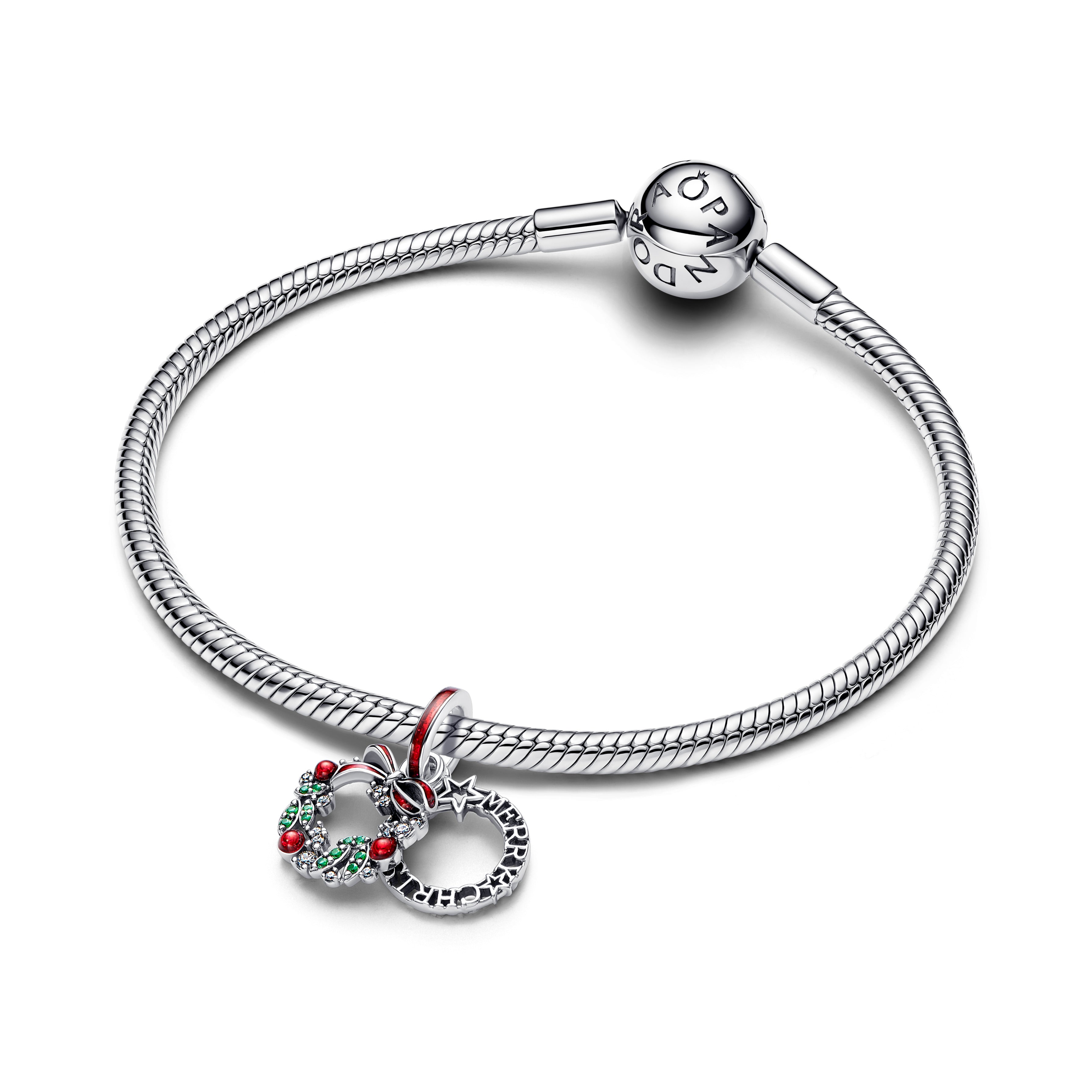 PANDORA Holiday Wreath Double Dangle Charm Cubic Zirconia Green Christmas Charms Bracelet Charm Jewelry Gift