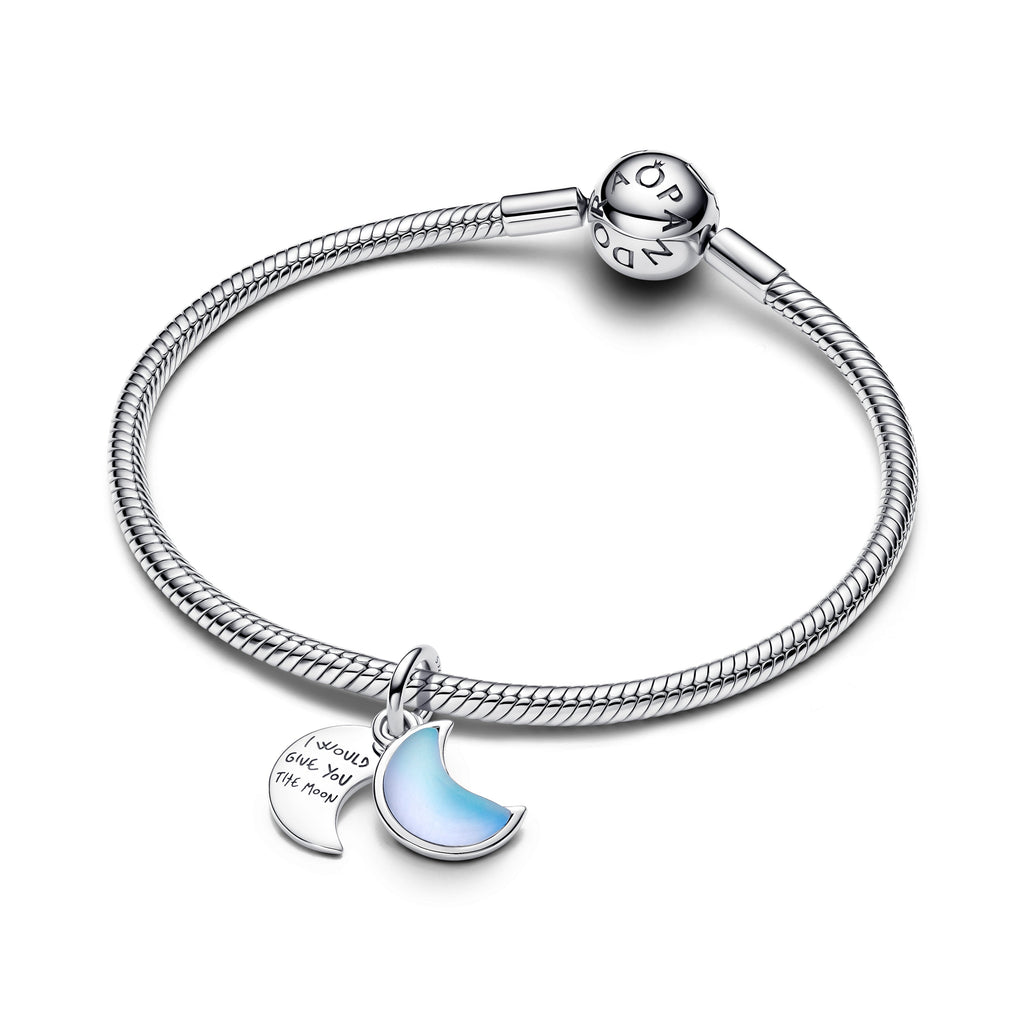 PANDORA Crescent Moon Double Dangle Charm Moonstone Iridescent Glass Blue Charms Bracelet Charm Jewelry Gift