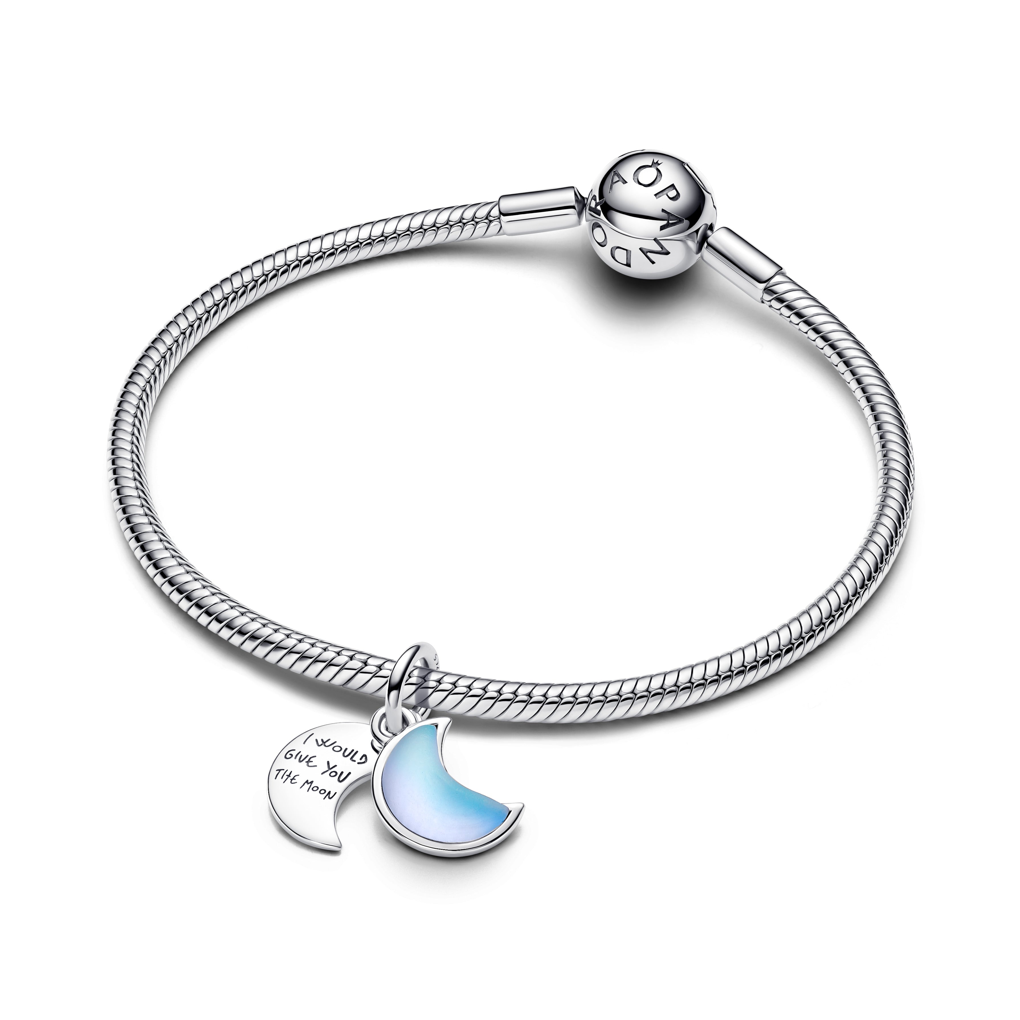 PANDORA Crescent Moon Double Dangle Charm Moonstone Iridescent Glass Blue Charms Bracelet Charm Jewelry Gift