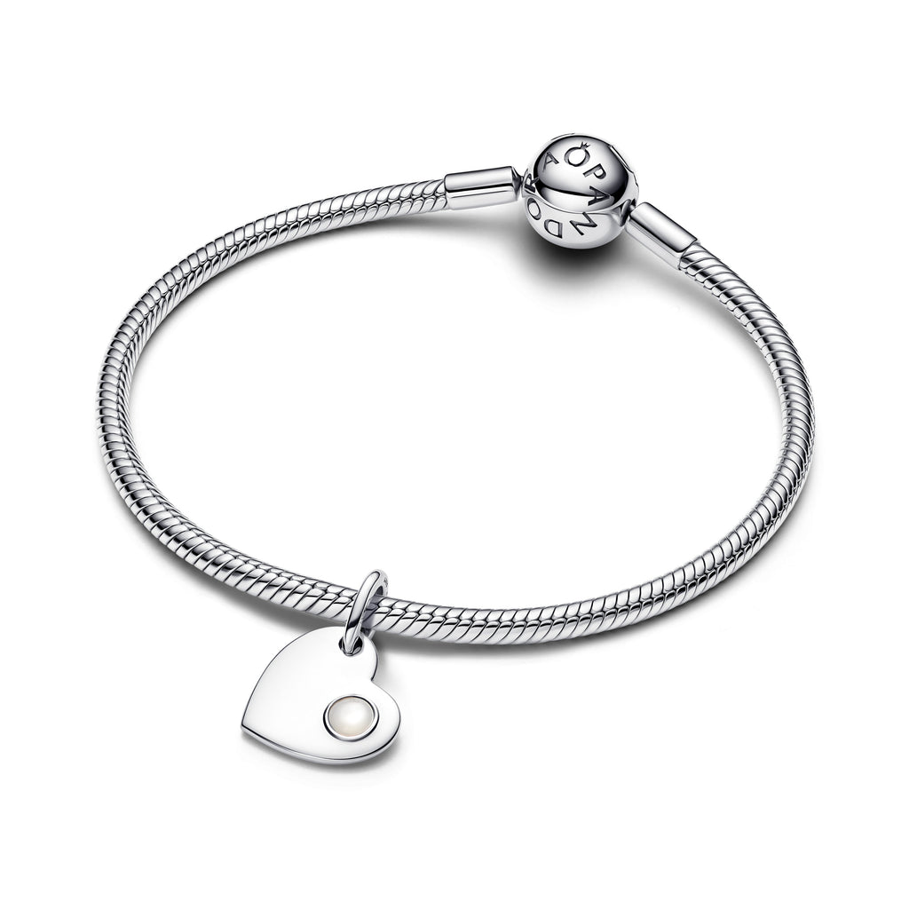 PANDORA June Engravable Heart White Stone Dangle Charm Bioresin Man Made Mother Of Pearl Birthdays Charms Bracelet Charm Jewelry Gift