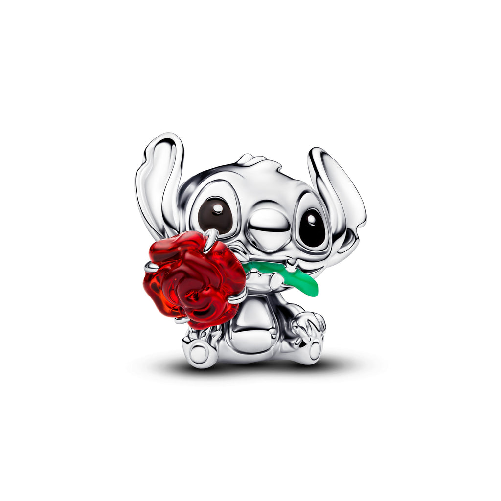 PANDORA Disney Stitch Rose Murano Glass Charm Enamel Black Disney X PANDORA Charms Bracelet Charm Jewelry Gift