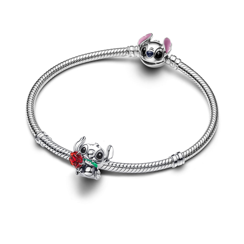 PANDORA Disney Stitch Rose Murano Glass Charm Enamel Black Disney X PANDORA Charms Bracelet Charm Jewelry Gift