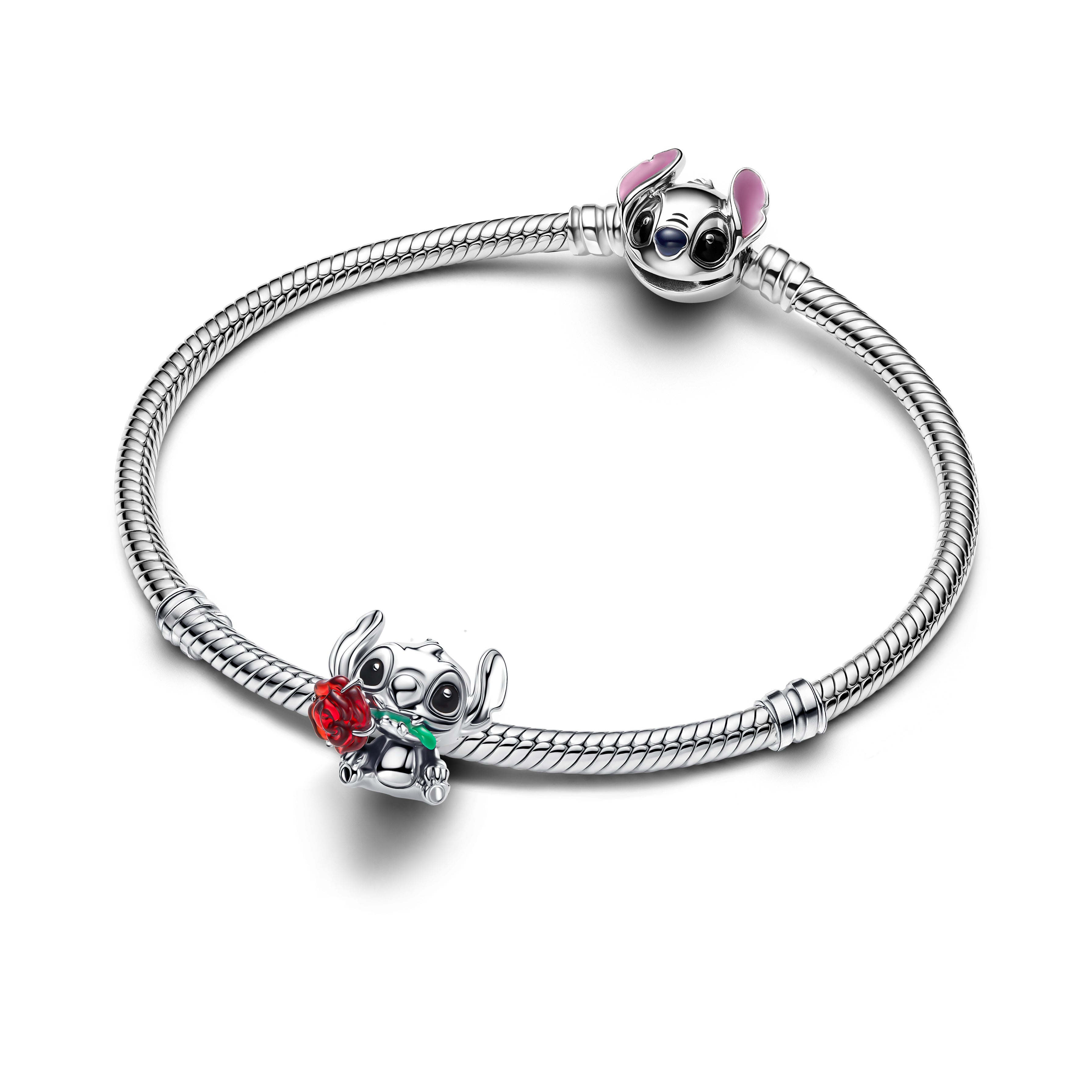 PANDORA Disney Stitch Rose Murano Glass Charm Enamel Black Disney X PANDORA Charms Bracelet Charm Jewelry Gift