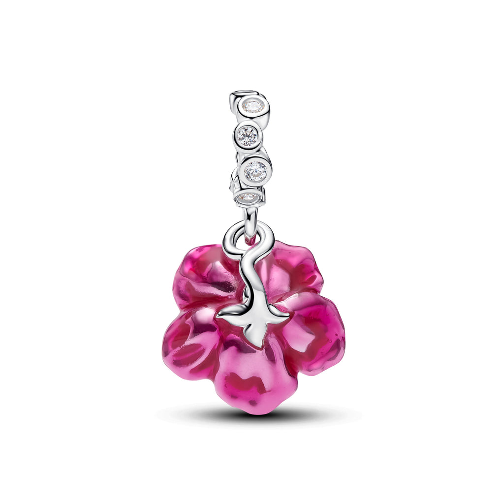 PANDORA Hibiscus Dangle Charm Cubic Zirconia Pink Flowers Charms Bracelet Charm Jewelry Gift