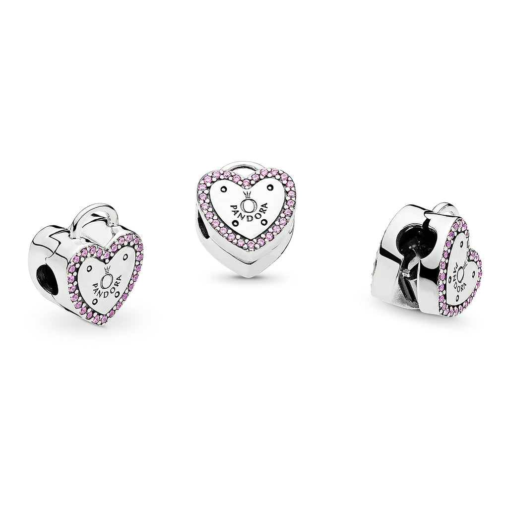 PANDORA Logo Heart Padlock Clip Charm Cubic Zirconia Pink Love Charms Bracelet Charm Jewelry Gift