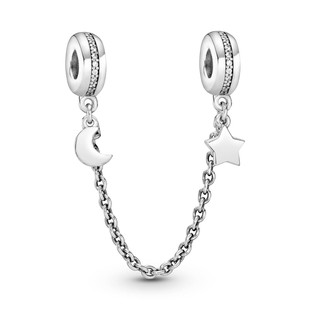 PANDORA Half Moon And Star Safety Chain Charm Cubic Zirconia Silver Nature Charms Bracelet Charm Jewelry Gift