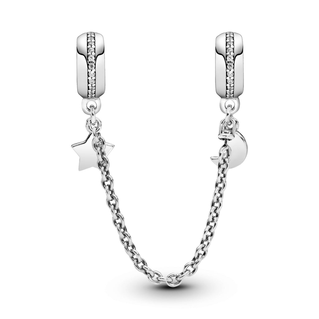 PANDORA Half Moon And Star Safety Chain Charm Cubic Zirconia Silver Nature Charms Bracelet Charm Jewelry Gift