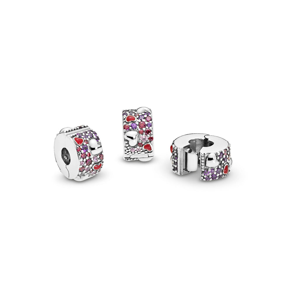 PANDORA Asymmetrical Hearts Pavé Clip Charm Cubic Zirconia Multi-colour Love Charms Bracelet Charm Jewelry Gift
