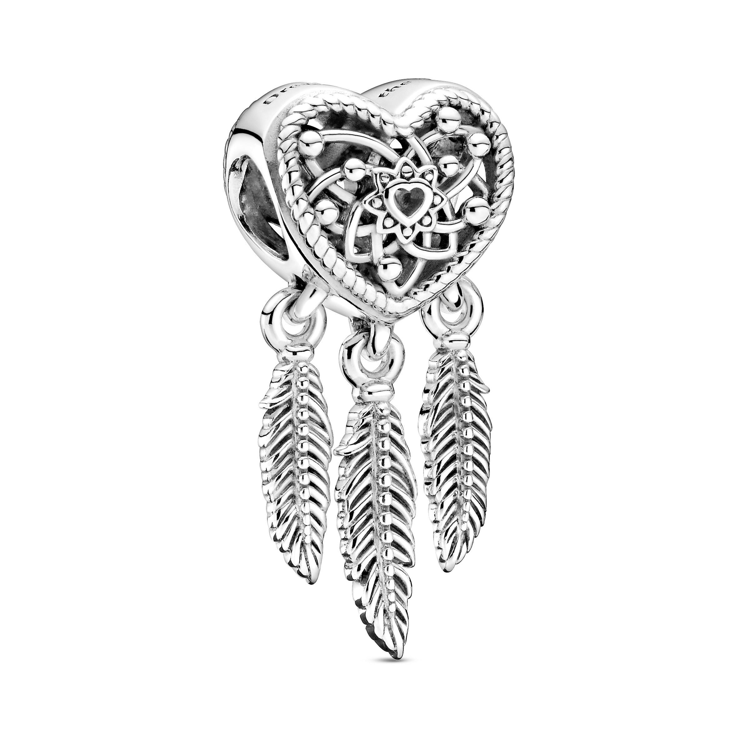 PANDORA Openwork Heart And Three Feathers Dreamcatcher Charm Sterling Silver Charms Bracelet Charm Jewelry Gift