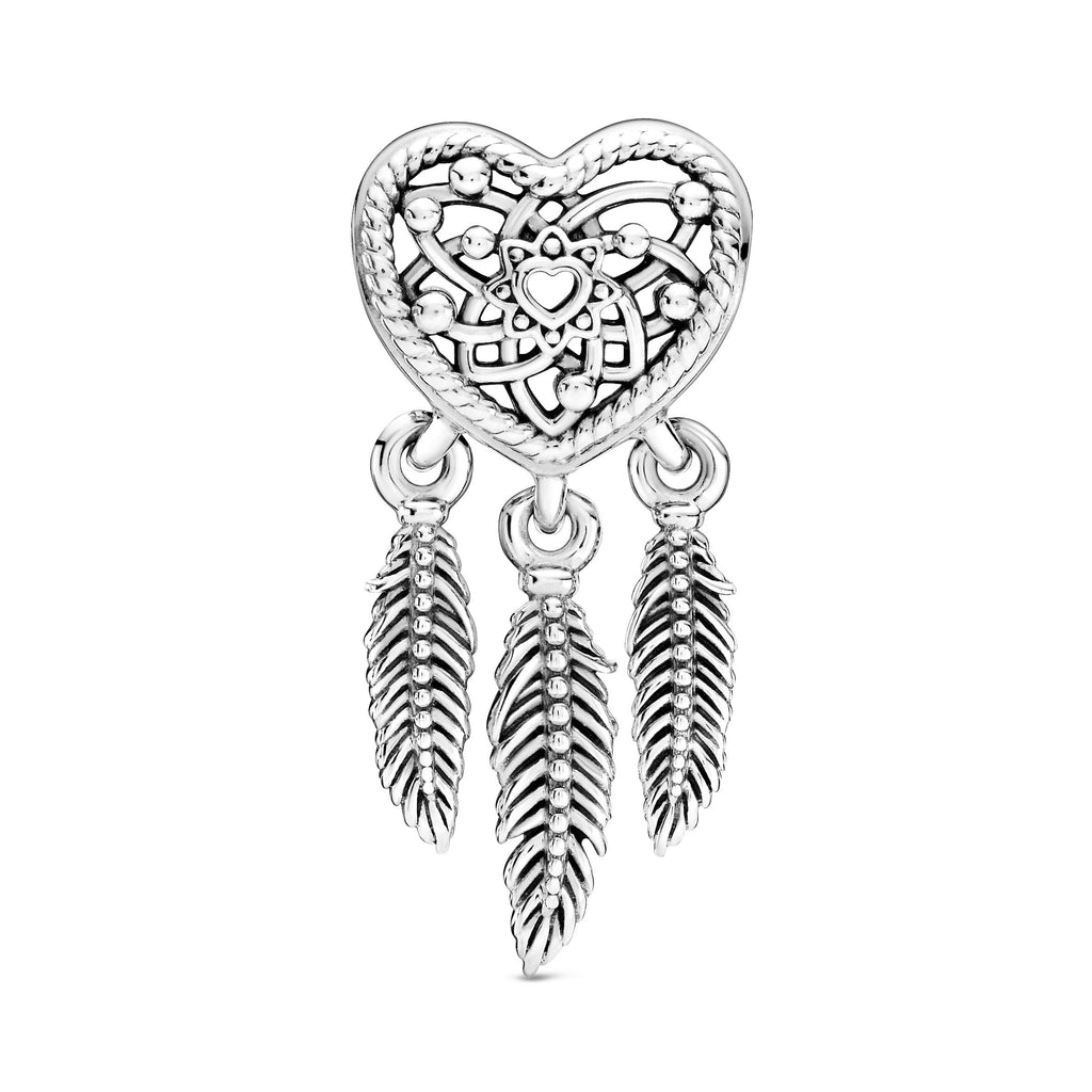 PANDORA Openwork Heart And Three Feathers Dreamcatcher Charm Sterling Silver Charms Bracelet Charm Jewelry Gift