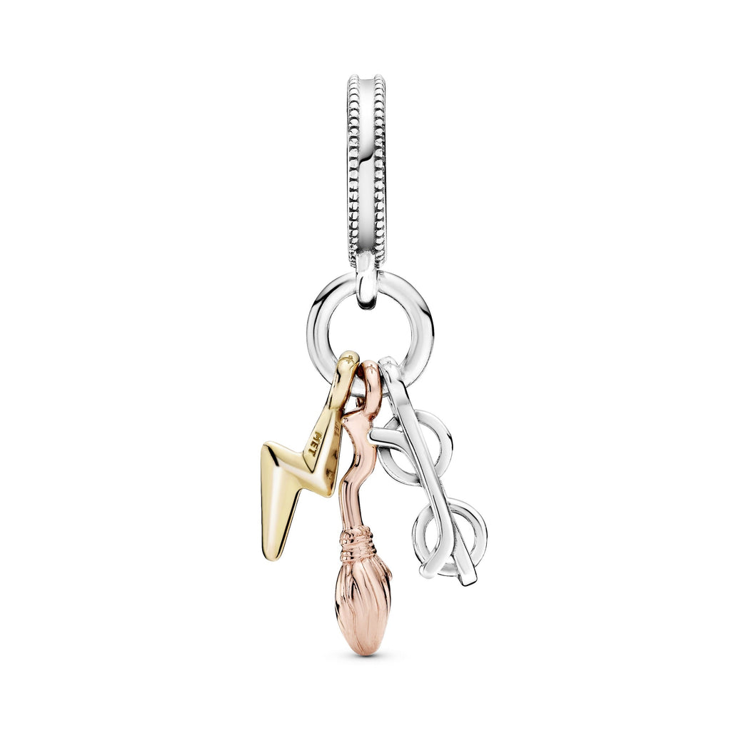 PANDORA Harry Potter Glasses Nimbus 2000 And Lightning Bolt Dangle Charm 14K Gold Plated Unique Metal Blend Charms Bracelet Charm Jewelry Gift