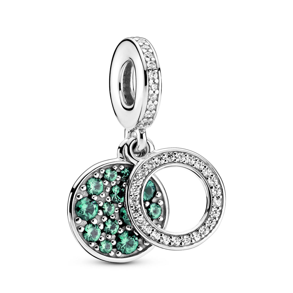 PANDORA Sparkling Green Disc Double Dangle Charm Silver Charms Bracelet Charm Jewelry Gift