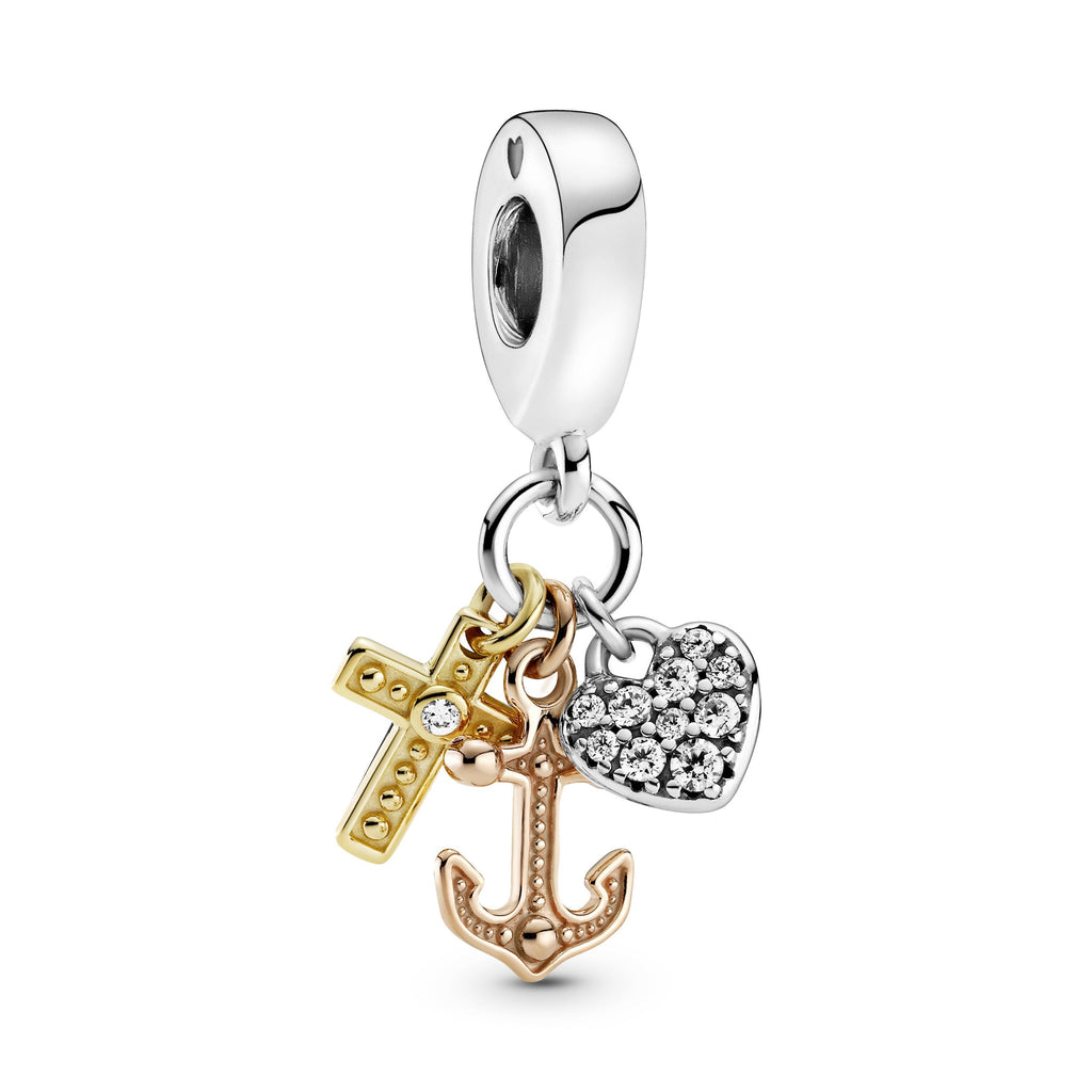 PANDORA Triple-tone Cross Heart And Anchor Dangle Charm 14K Gold Rose Gold Love Charms Bracelet Charm Jewelry Gift