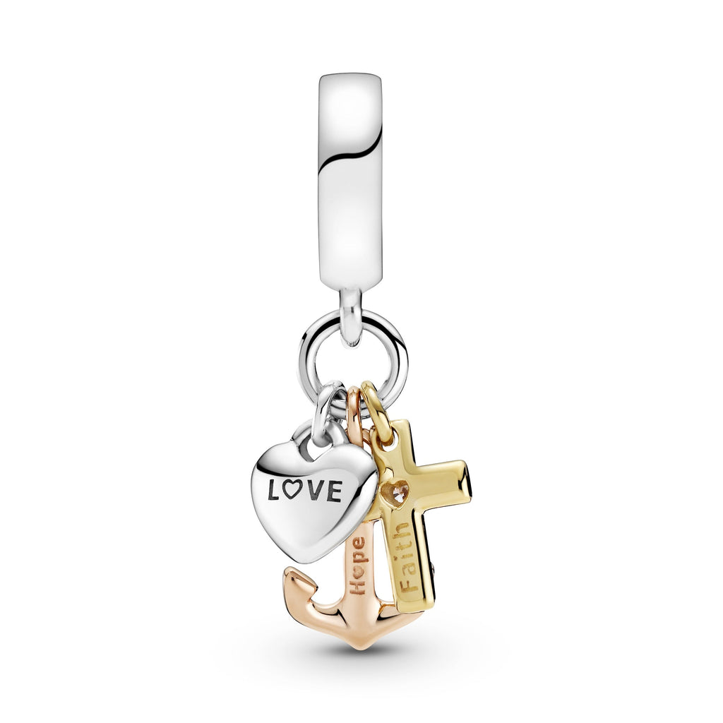 PANDORA Triple-tone Cross Heart And Anchor Dangle Charm 14K Gold Rose Gold Love Charms Bracelet Charm Jewelry Gift