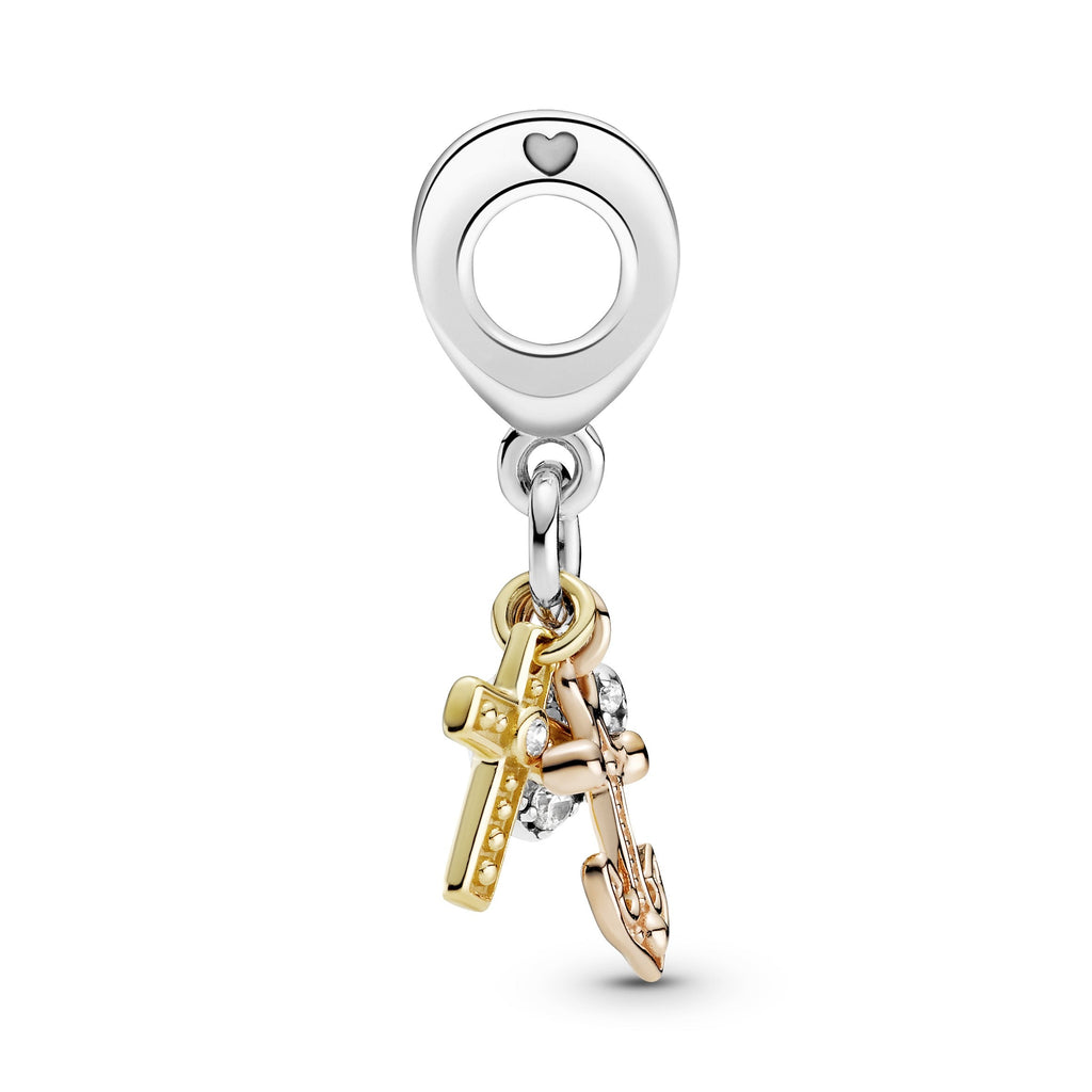 PANDORA Triple-tone Cross Heart And Anchor Dangle Charm 14K Gold Rose Gold Love Charms Bracelet Charm Jewelry Gift