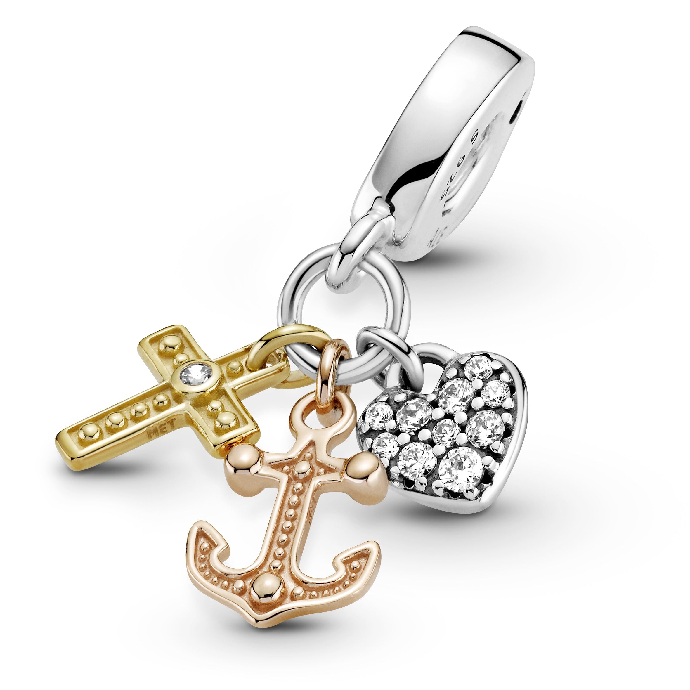 PANDORA Triple-tone Cross Heart And Anchor Dangle Charm 14K Gold Rose Gold Love Charms Bracelet Charm Jewelry Gift