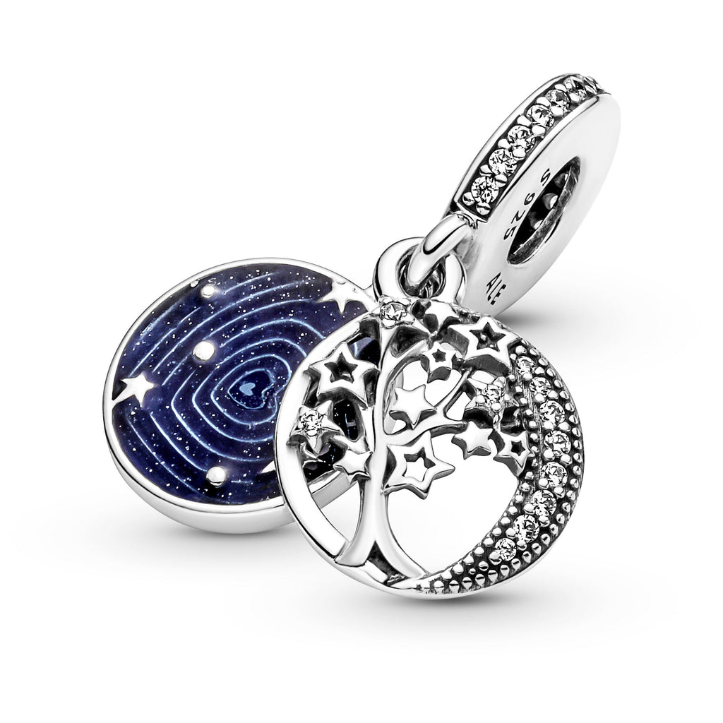 PANDORA Double Dangle Tree And Galaxy Moon Charm Sterling Silver Blue Nature Charms Bracelet Charm Jewelry Gift