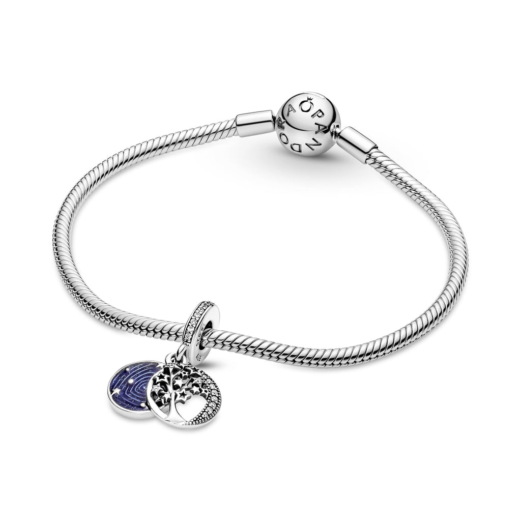 PANDORA Double Dangle Tree And Galaxy Moon Charm Sterling Silver Blue Nature Charms Bracelet Charm Jewelry Gift