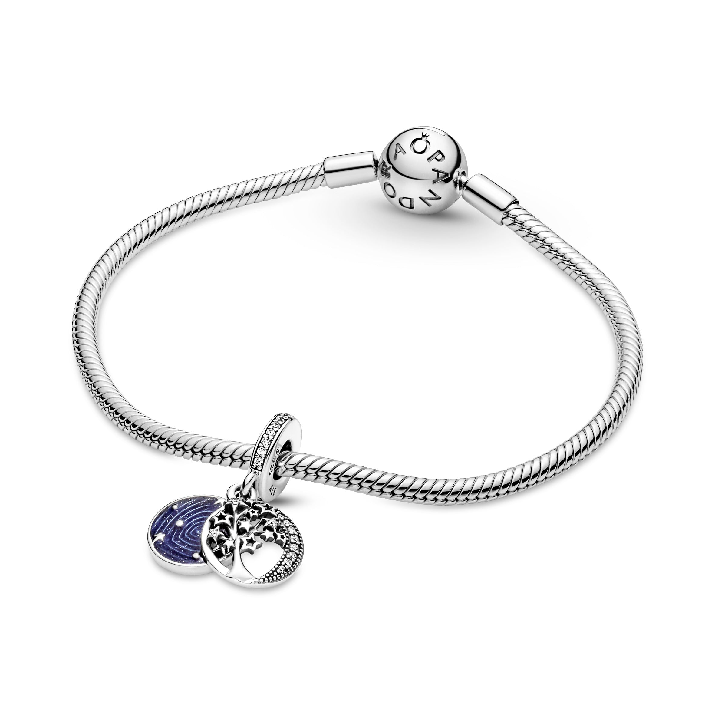 PANDORA Double Dangle Tree And Galaxy Moon Charm Sterling Silver Blue Nature Charms Bracelet Charm Jewelry Gift