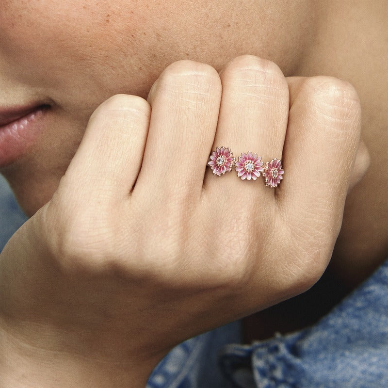 PANDORA Pink Daisy Flower Trio Ring 14K Rose Gold Plated Unique Metal Blend Floral Rings Statement Ring Jewelry Gift