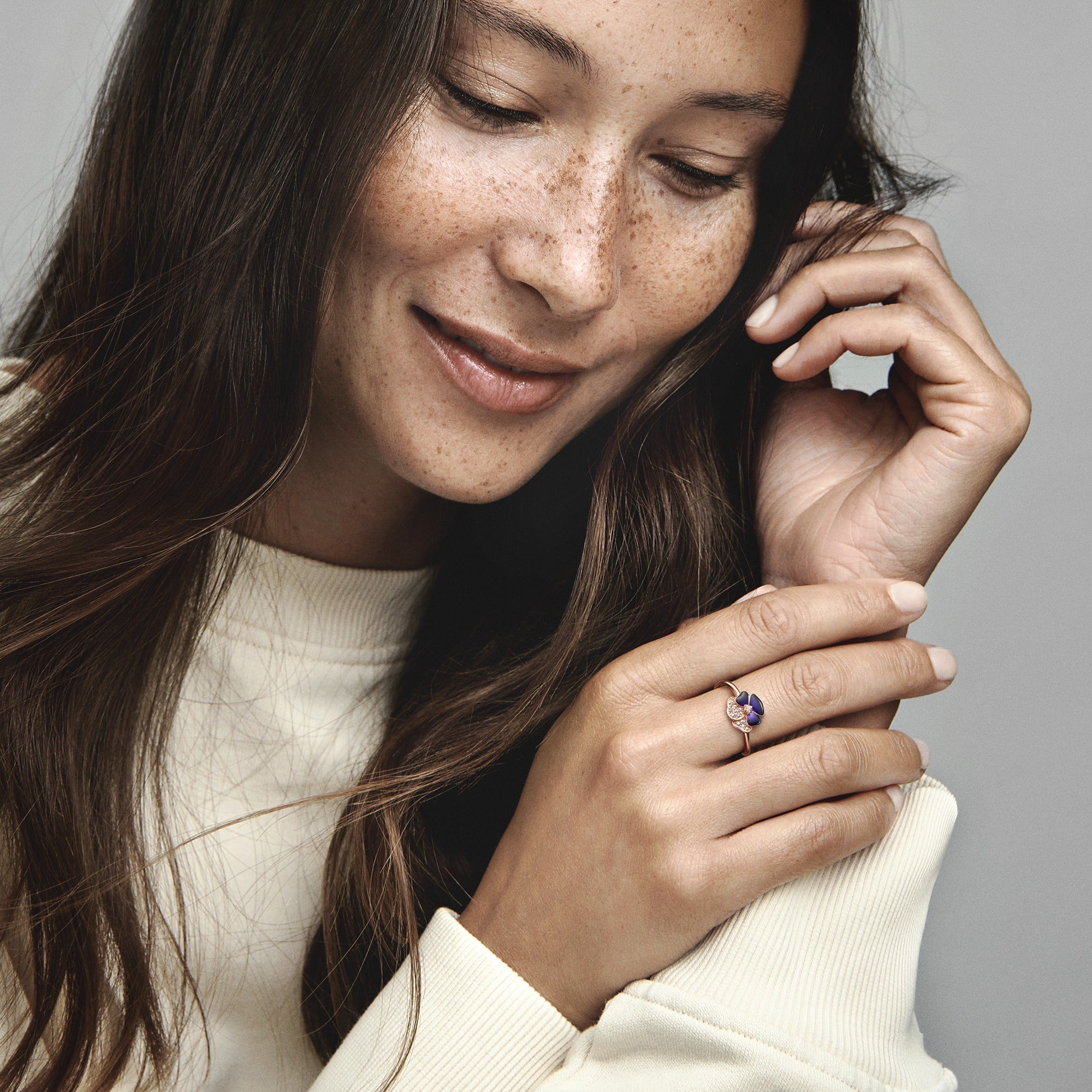 PANDORA Deep Purple Pansy Flower Ring 14K Rose Gold Plated Unique Metal Blend Rings Statement Ring Jewelry Gift