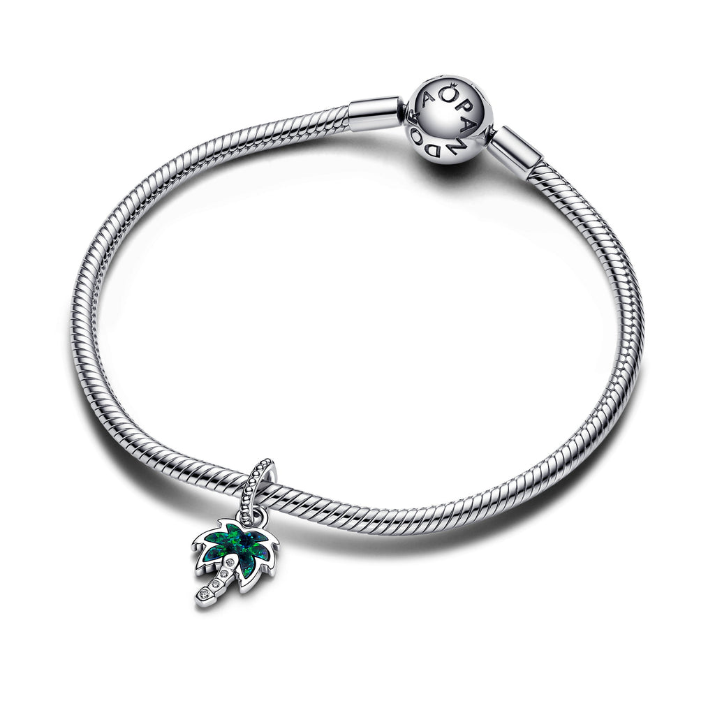 PANDORA Opalescent Green Palm Tree Dangle Charm Sterling Silver Nature Charms Bracelet Charm Jewelry Gift