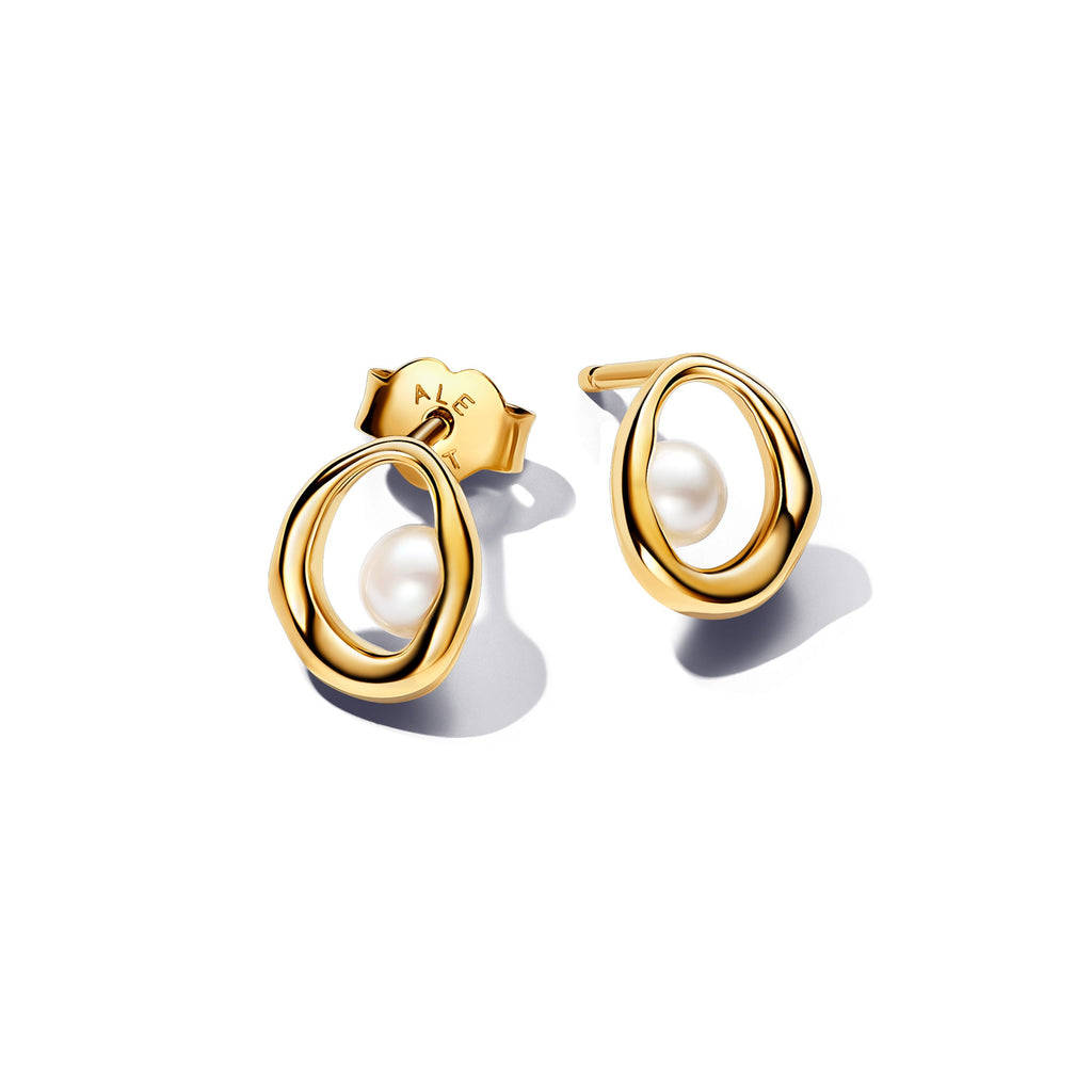 PANDORA Organically Shaped Oval And Treated Freshwater Cultured Pearl Stud Earrings 14K Gold Plated Unique Metal Blend Statement Ring Jewelry Gift
