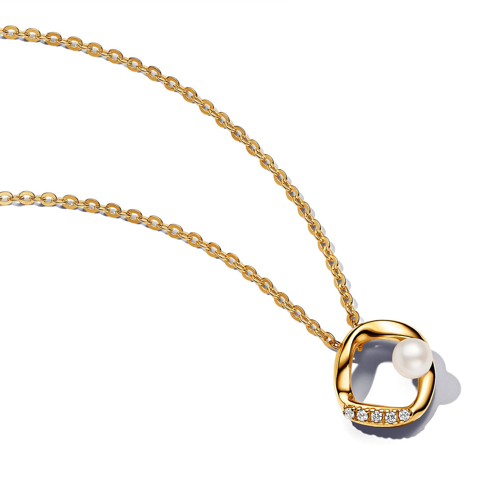 PANDORA Organically Shaped Pavé Circle And Treated Freshwater Cultured Pearl Collier Necklace 14K Gold Plated Unique Metal Blend Necklaces Pendant