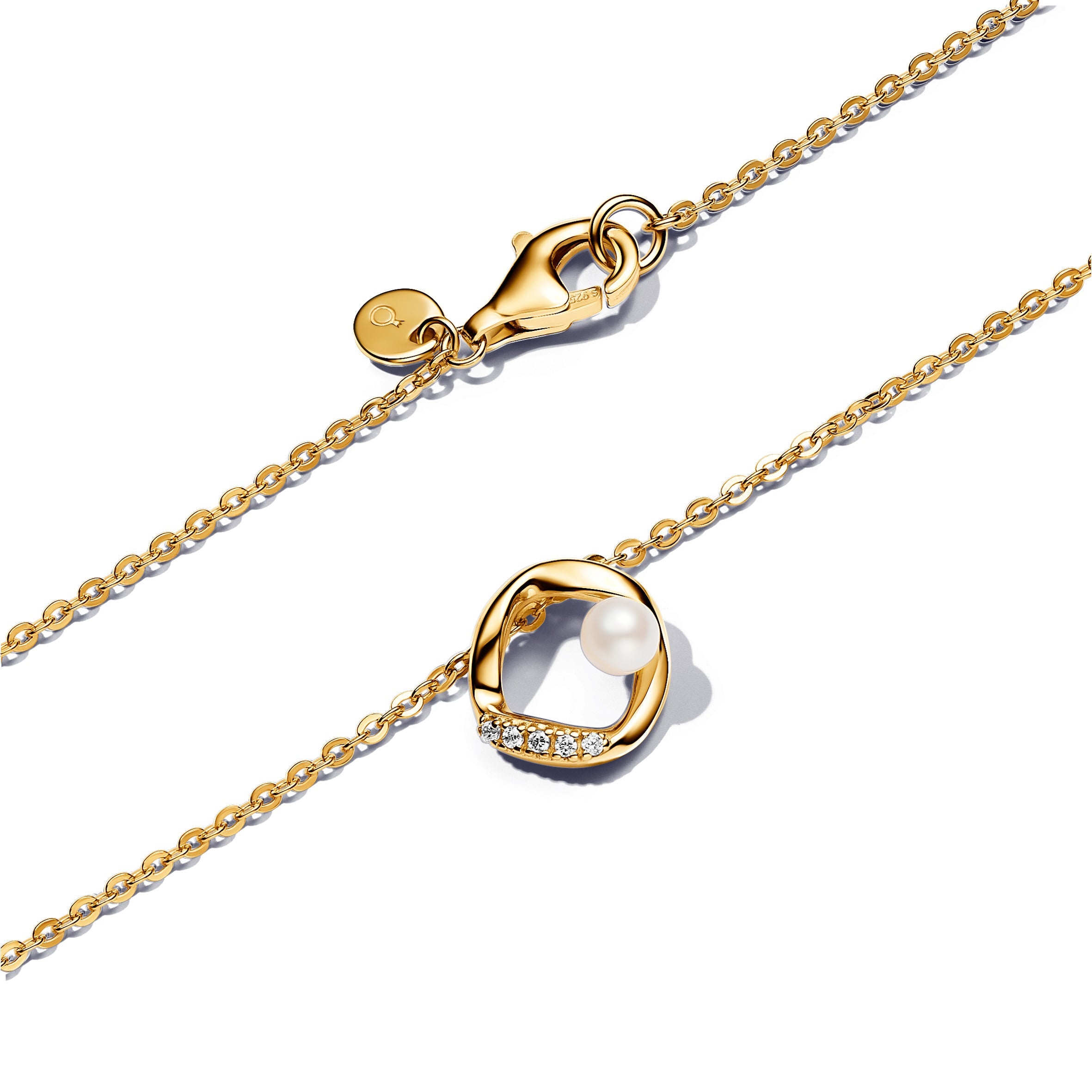 PANDORA Organically Shaped Pavé Circle And Treated Freshwater Cultured Pearl Collier Necklace 14K Gold Plated Unique Metal Blend Necklaces Pendant