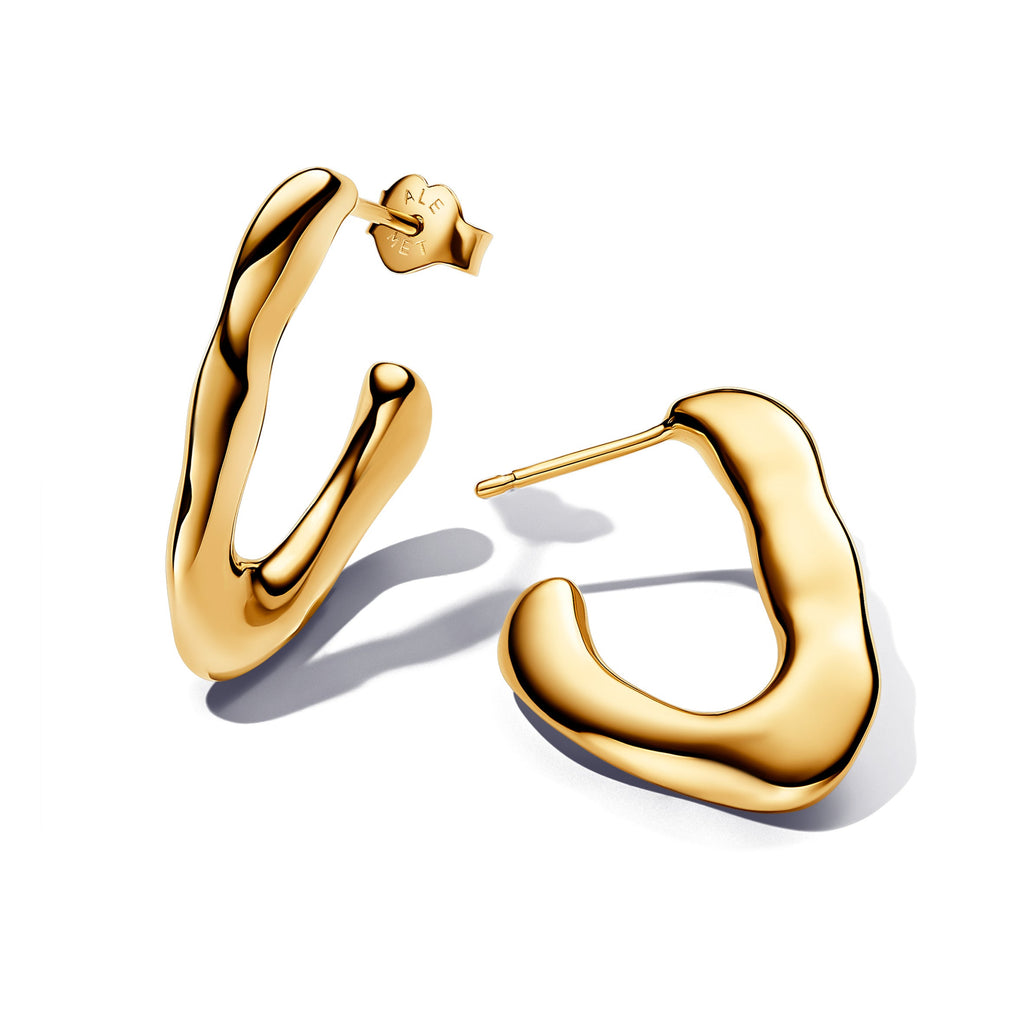 PANDORA Organically V-shaped Open Hoop Earrings 14K Gold Plated Unique Metal Blend Statement Ring Jewelry Gift