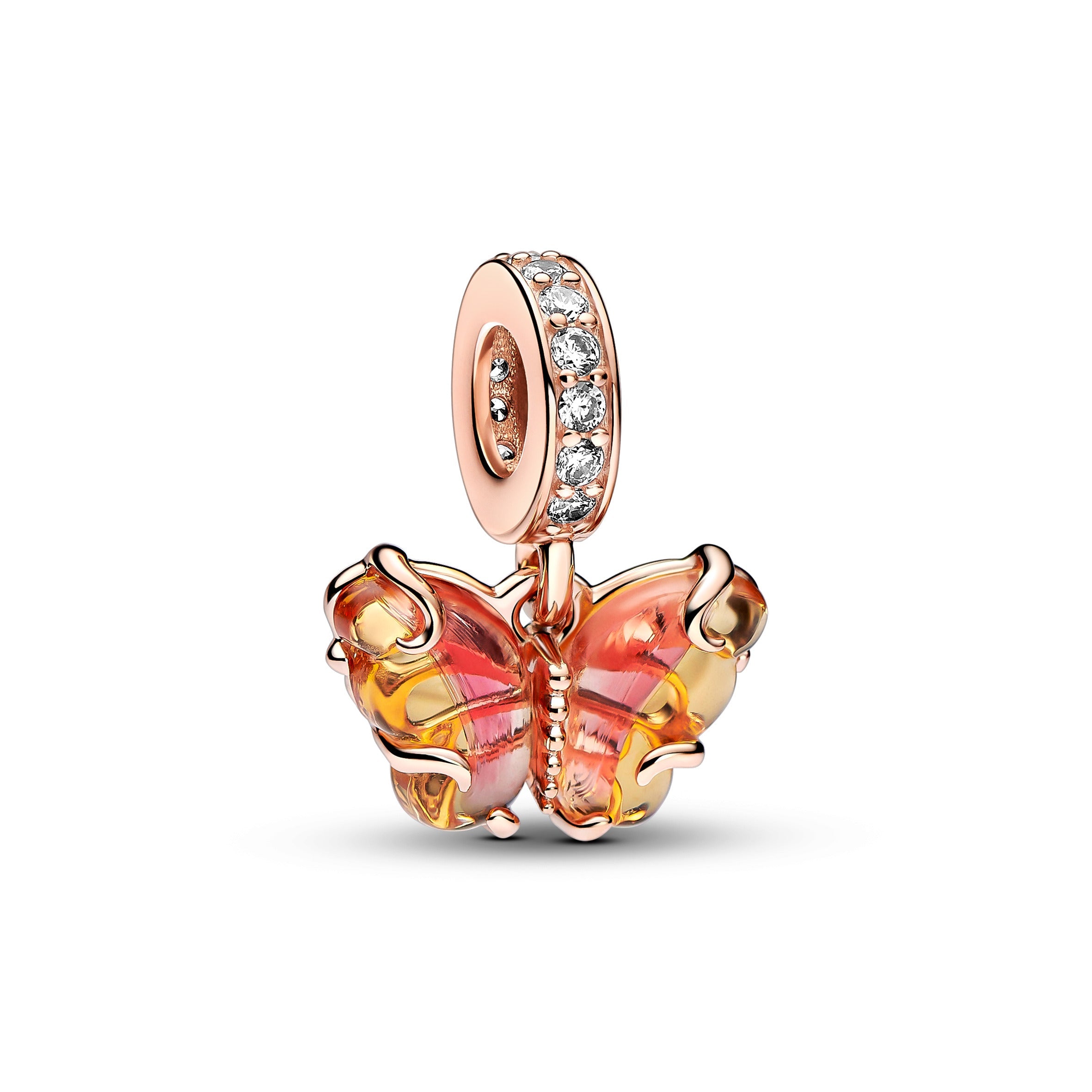 PANDORA Pink And Yellow Murano Glass Butterfly Dangle Charm 14K Rose Gold Plated Unique Metal Blend Animals Charms Bracelet Charm Jewelry Gift