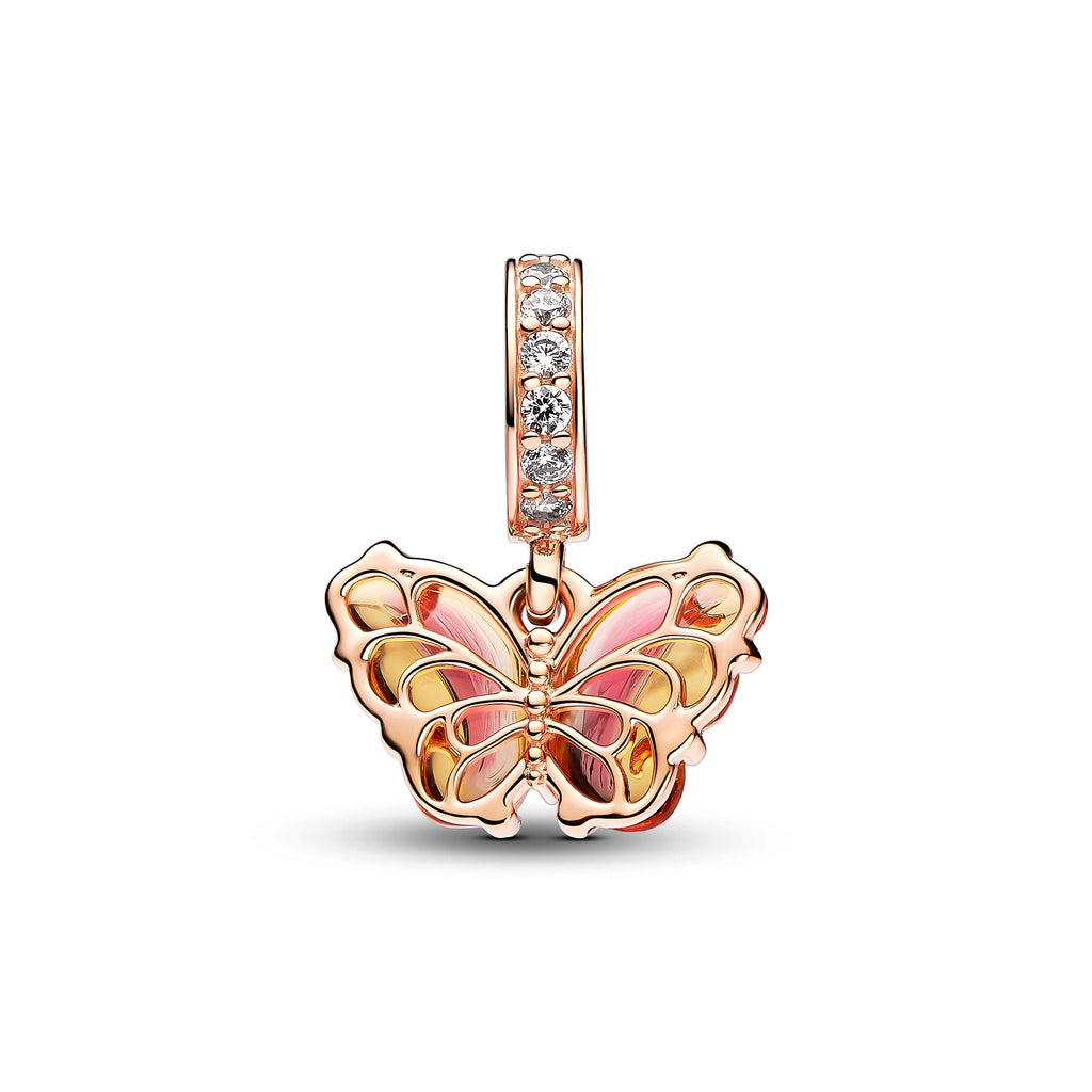 PANDORA Pink And Yellow Murano Glass Butterfly Dangle Charm 14K Rose Gold Plated Unique Metal Blend Animals Charms Bracelet Charm Jewelry Gift