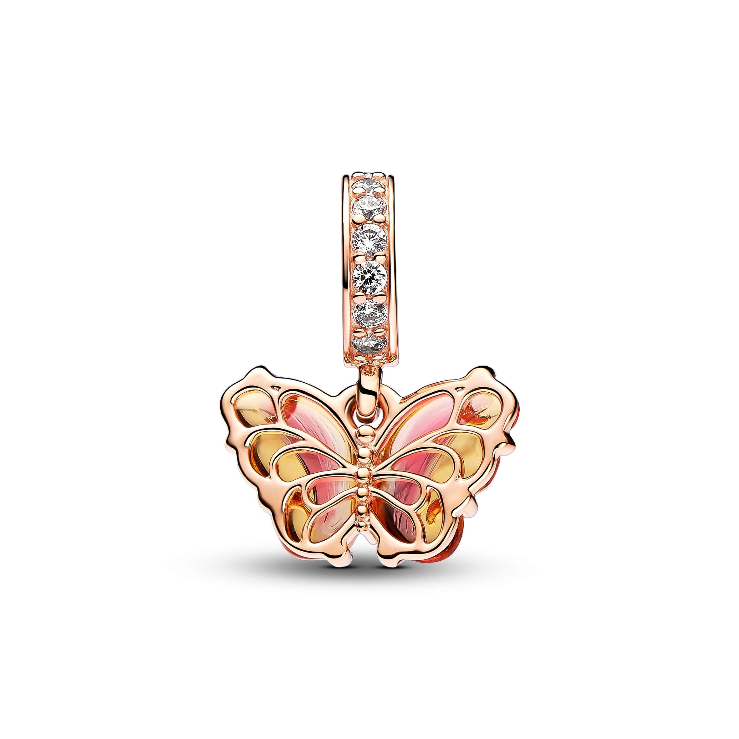 PANDORA Pink And Yellow Murano Glass Butterfly Dangle Charm 14K Rose Gold Plated Unique Metal Blend Animals Charms Bracelet Charm Jewelry Gift