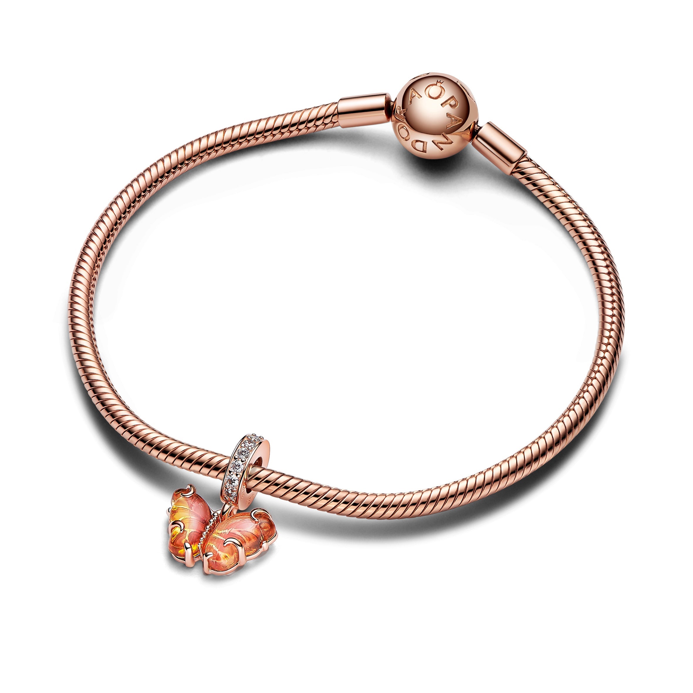 PANDORA Pink And Yellow Murano Glass Butterfly Dangle Charm 14K Rose Gold Plated Unique Metal Blend Animals Charms Bracelet Charm Jewelry Gift