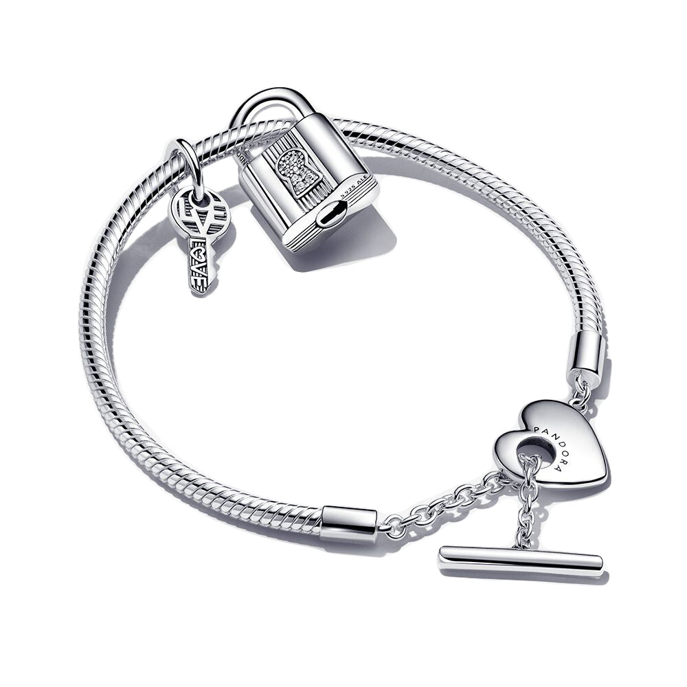 PANDORA Padlock And Key Gift Set Cubic Zirconia Silver Charms Bracelet Charm Jewelry Gift
