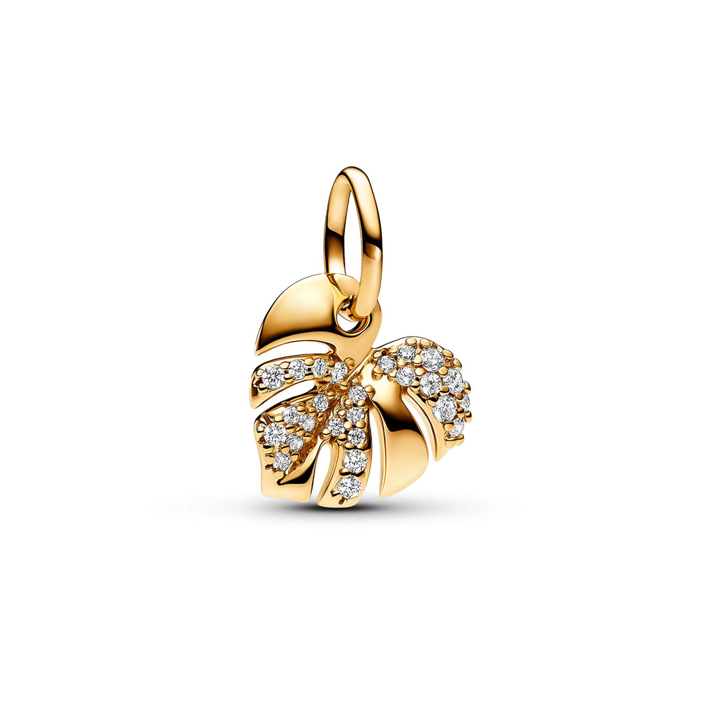 PANDORA Sparkling Monstera Leaf Dangle Charm 14K Gold Plated Unique Metal Blend Clear Nature Charms Bracelet Charm Jewelry Gift